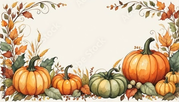 Fototapeta A decorative autumn-themed illustration featuring pumpkins and leaves, perfect for seasonal events or invitations.