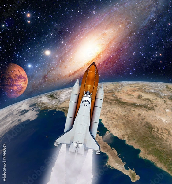 Fototapeta Shuttle rocket ship launch milky way galaxy mars planet moon space. Elements of this image furnished by NASA.