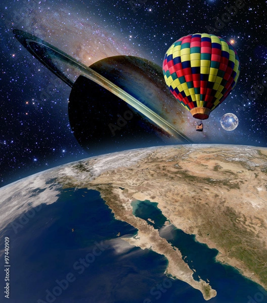 Fototapeta Hot air balloon surreal wonderland fairy tale landscape fantasy moon planet. Elements of this image furnished by NASA.