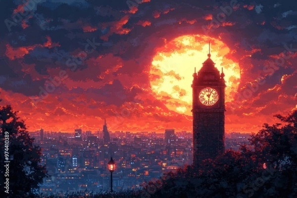 Fototapeta Retro Clock Tower with Pixelated Gears and Swinging Pendulum in Warm 16-Bit Tones - Vintage Brick Wall and Simple Composition in Retro Style