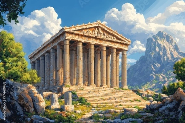 Fototapeta Retro Pixelated Ancient Greece - 16-Bit Temples, Columns, and Statues in Warm Hues with Simple Classical Layout