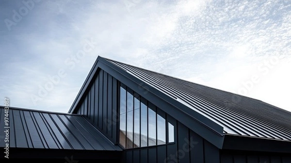 Fototapeta A sleek, angular metal roof of a modern building extends upward against a bright blue sky.
