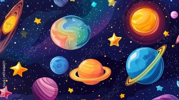 Fototapeta Engaging Cartoon Illustration of a Colorful Outer Space Scene for Educational and Creative Uses