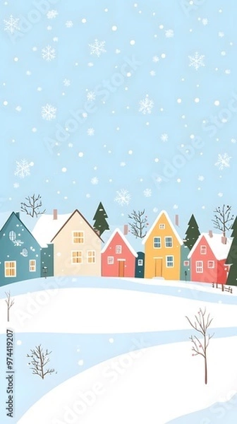 Fototapeta A simple vector illustration of an animated Christmas winter town with houses, snowflakes falling from the sky, and a snowy landscape