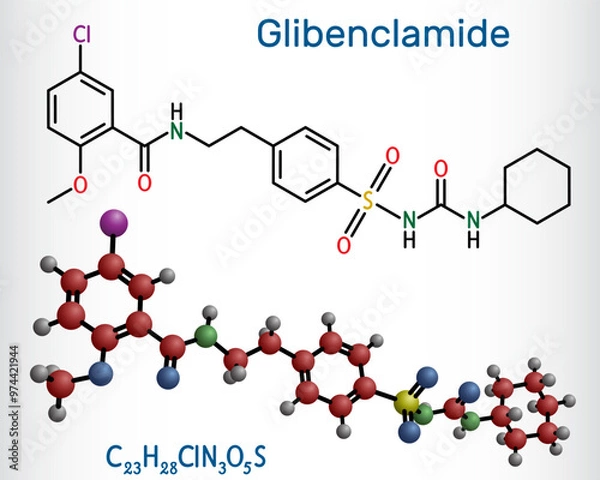 Fototapeta Glibenclamide, glyburide molecule. Sulfonylurea used in the treatment of non insulin dependent diabetes mellitus. Structural chemical formula, molecule model. Vector