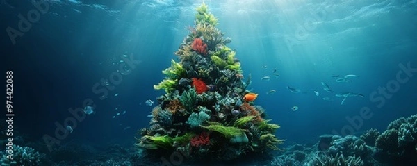 Obraz underwater christmas tree made of coral and fish in ocean depths