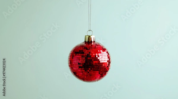 Obraz Red mirrored disco ball ornament on light green background, festive decoration concept