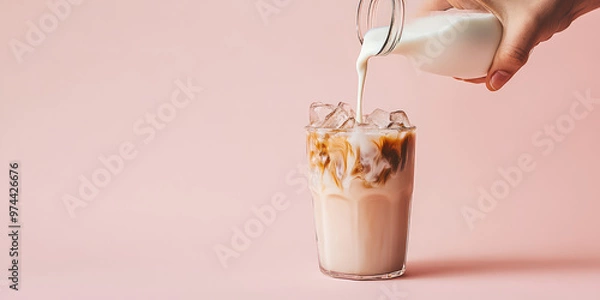 Fototapeta Hand pouring milk into a glass with cold coffee with ice chunks on a colored background with copy space, banner template