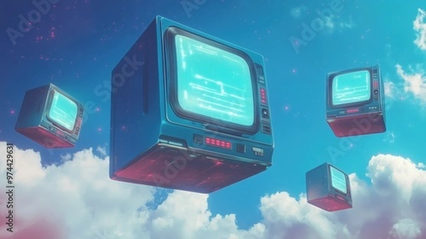 Fototapeta Retro Blue Computer Screens Floating in Bright Blue Sky