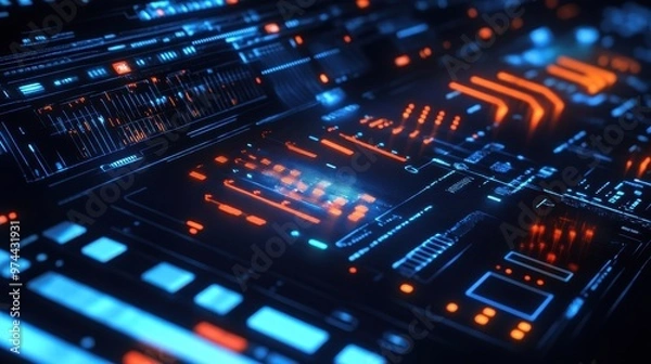 Obraz Futuristic Digital Circuit Board Landscape in Shades of Blue and Orange