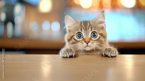 Fototapeta Cute Kitten Looking Up at Camera in a Bar