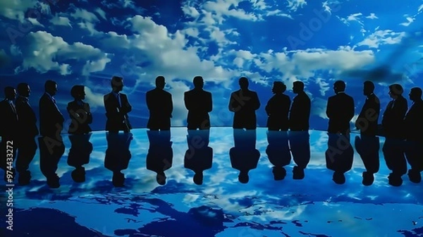 Fototapeta Silhouettes of business people standing in a row with their reflections in a body of water.