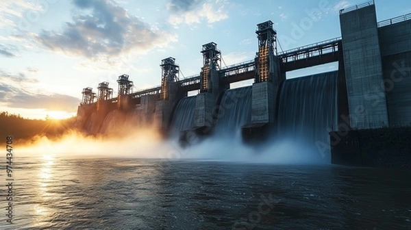 Obraz Large hydroelectric dam with water flowing over the spillway at sunset.