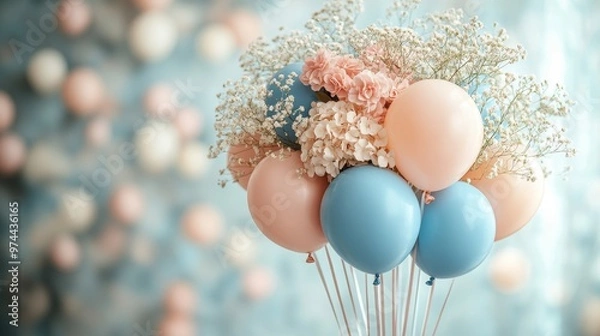 Fototapeta A soft pastel birthday party with light blue and beige tones, and minimal use of flowers and balloons, space for text on background