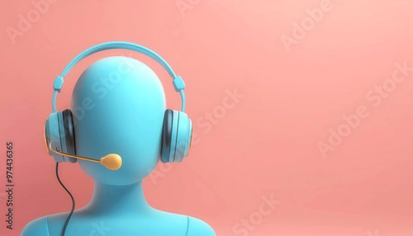 Fototapeta A blue mannequin head wearing modern headphones with a microphone, perfect for depicting communication and technology themes.