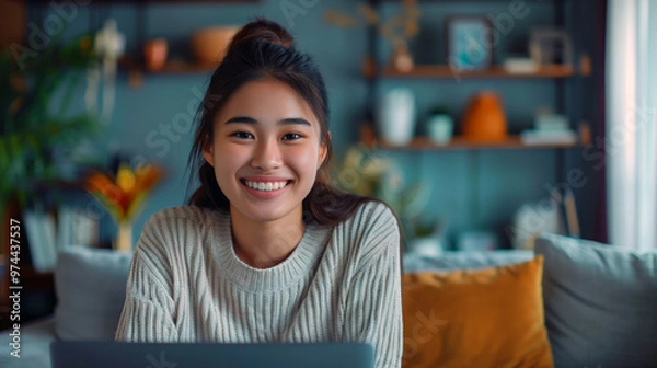Fototapeta Happy young woman working remotely on virtual video team meeting call, remote work and flexible culture concept, smiling asian female digital nomad freelancing on laptop from home