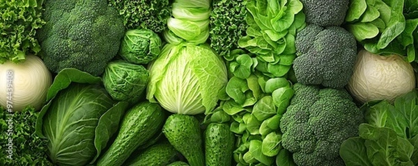 Fototapeta A vibrant array of fresh green vegetables arranged beautifully, showcasing nature's bounty and healthy eating.