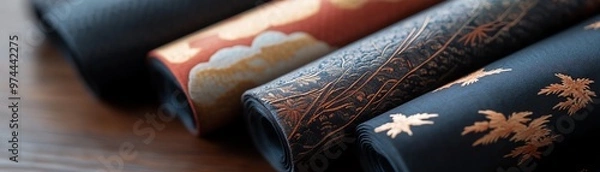 Obraz Beautiful rolls of traditional Japanese fabric with intricate patterns and vibrant colors, perfect for crafts, fashion, or home decor.
