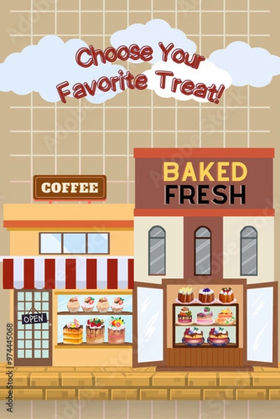Fototapeta Cafe shop coffee beverage. Different types of drinks and fresh oven set.