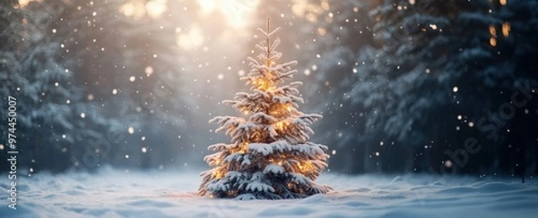 Fototapeta winter background - snow-covered Christmas tree with a garland with yellow light. Christmas trees in the snow, minimalistic light background, winter minimalistic landscape. copy space
