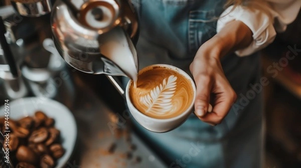 Fototapeta A barista pouring milk into a cup of coffee, creating latte art.