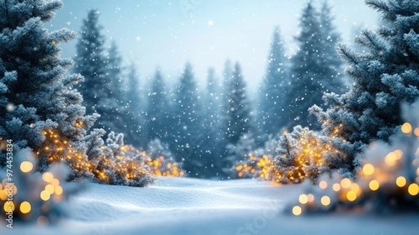 Fototapeta winter background - snow-covered Christmas tree with a garland with yellow light. Christmas trees in the snow, minimalistic light background, winter minimalistic landscape. copy space
