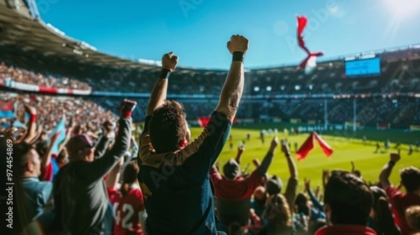 Obraz Picture a rugby stadium where a thrilling match is underway. The players tackle and pass the ball with precision, while fans cheer loudly from the stands. 