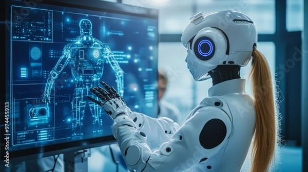 Obraz Visualize a research team working on autonomous robots powered by artificial intelligence, with advanced sensors, machine learning algorithms, and interactive control systems on display