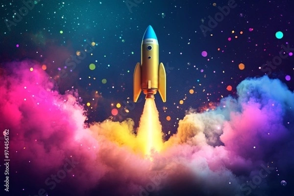 Fototapeta A colorful rocket launching into the night sky, illustrating the excitement of space exploration and technological advancement