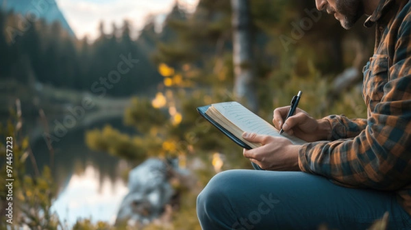 Fototapeta Man Writing by Lakeside in the Mountains