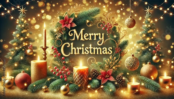 Fototapeta Merry Christmas text on green and red New Year decorations and glitter background,