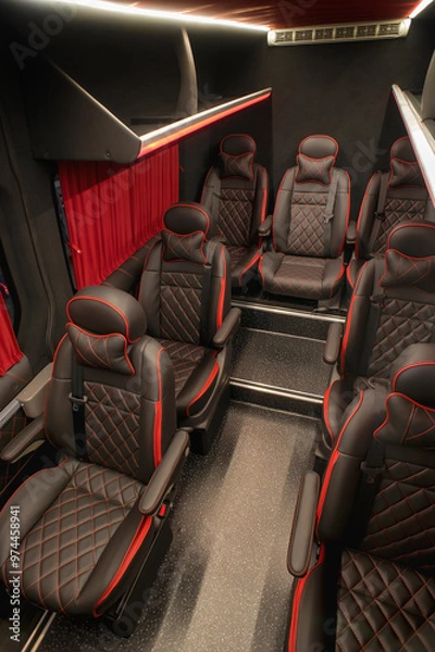 Fototapeta Comfortable interior of a passenger bus with soft seats. The design is made to order. Private covering of cars. Various elements of the bus interior.