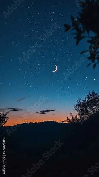 Obraz Crescent Moon and Stars in the Night Sky Over Silhouetted Trees.