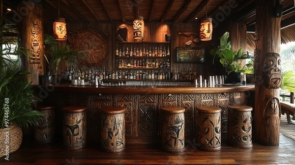 Fototapeta Pina Colada at a tiki bar on the shores of Oahu