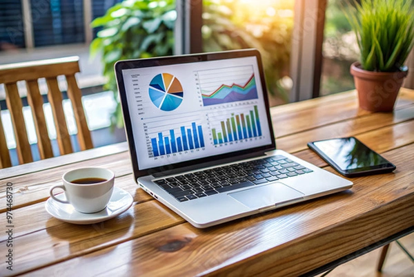 Fototapeta Photo laptop is displayed on a wooden table, showcasing charts and graphs related to analysis, business accounting, and statistics concepts.