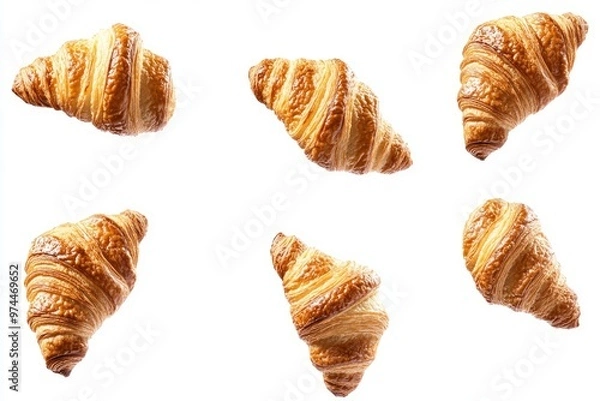 Fototapeta Freshly baked croissant floating in the air, isolated on a white background. French pastry croissants flying or floating. 