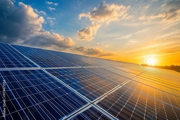 Obraz a photo for green energy with solar pannels and wind turbines