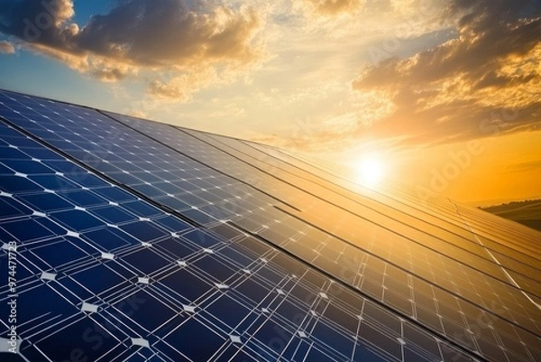 Obraz a photo for green energy with solar pannels and wind turbines