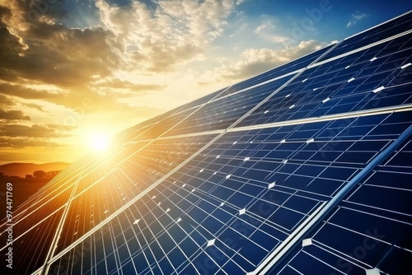 Obraz a photo for green energy with solar pannels and wind turbines