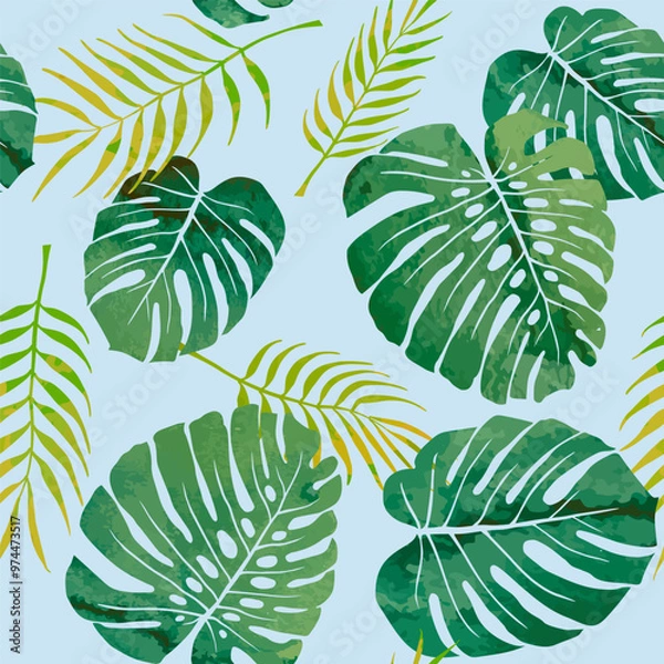 Fototapeta Leaves of the Monstera plant on a light blue background. Palm leaf pattern. Tropical palm wallpaper. Vector seamless pattern.