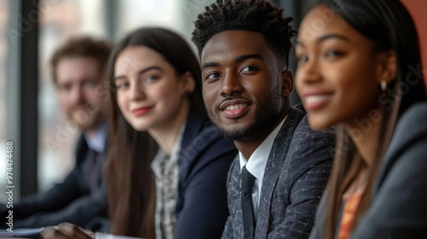 Fototapeta Diverse Business Meeting,  Group of young professionals from different ethnic backgrounds collaborating in a meeting, dressed in modern business attire