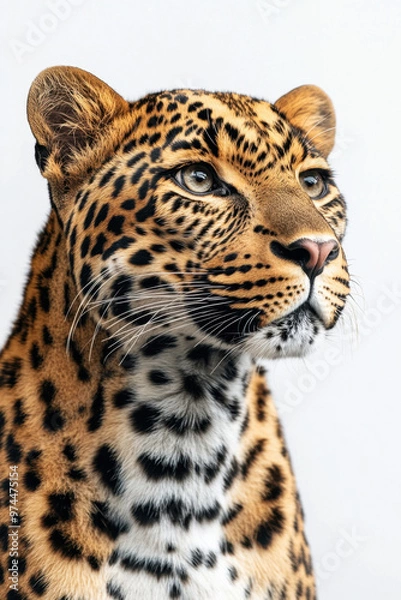 Fototapeta Leopard Portrait,  Proud leopard gazing away from the camera, showcasing its beauty against a clean white background, ideal for wildlife photography
