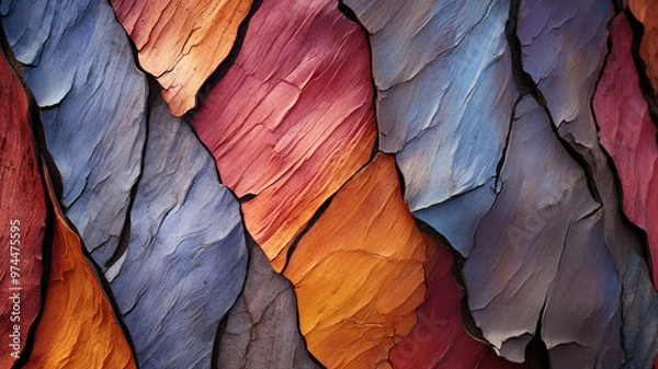 Fototapeta Colorful textured layers of bark with overlapping vibrant shades