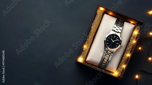 Fototapeta Gold Watch Gift Box with Festive Lights