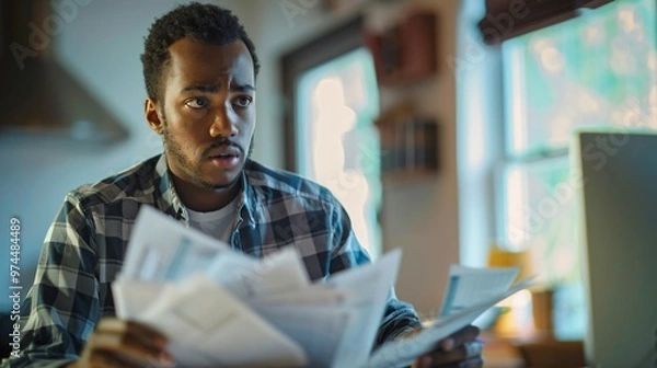 Obraz Man sitting at desk with concerned expression, holding stack of papers symbolizing financial stress and national debt, emphasizing personal and economic challenges.