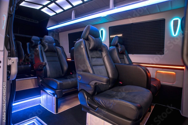 Fototapeta Comfortable interior of a passenger bus with soft seats. The design is made to order. Private covering of cars. Various elements of the bus interior.