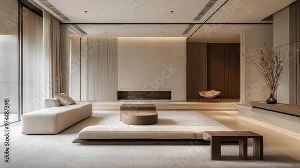 Fototapeta A modern, minimalist interior space with a focus on natural materials and a warm, inviting atmosphere.