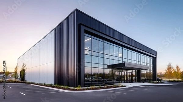 Fototapeta A modern industrial building with black and white metal cladding, featuring large windows for natural light and steel frames