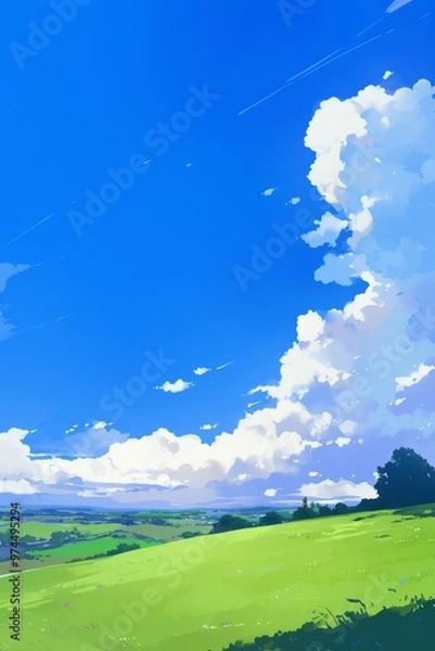 Fototapeta Fresh Green Grass, Blue Sky, and White Clouds