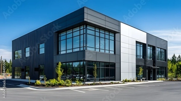 Fototapeta A modern industrial building with black and white metal cladding, featuring large windows for natural light and steel frames